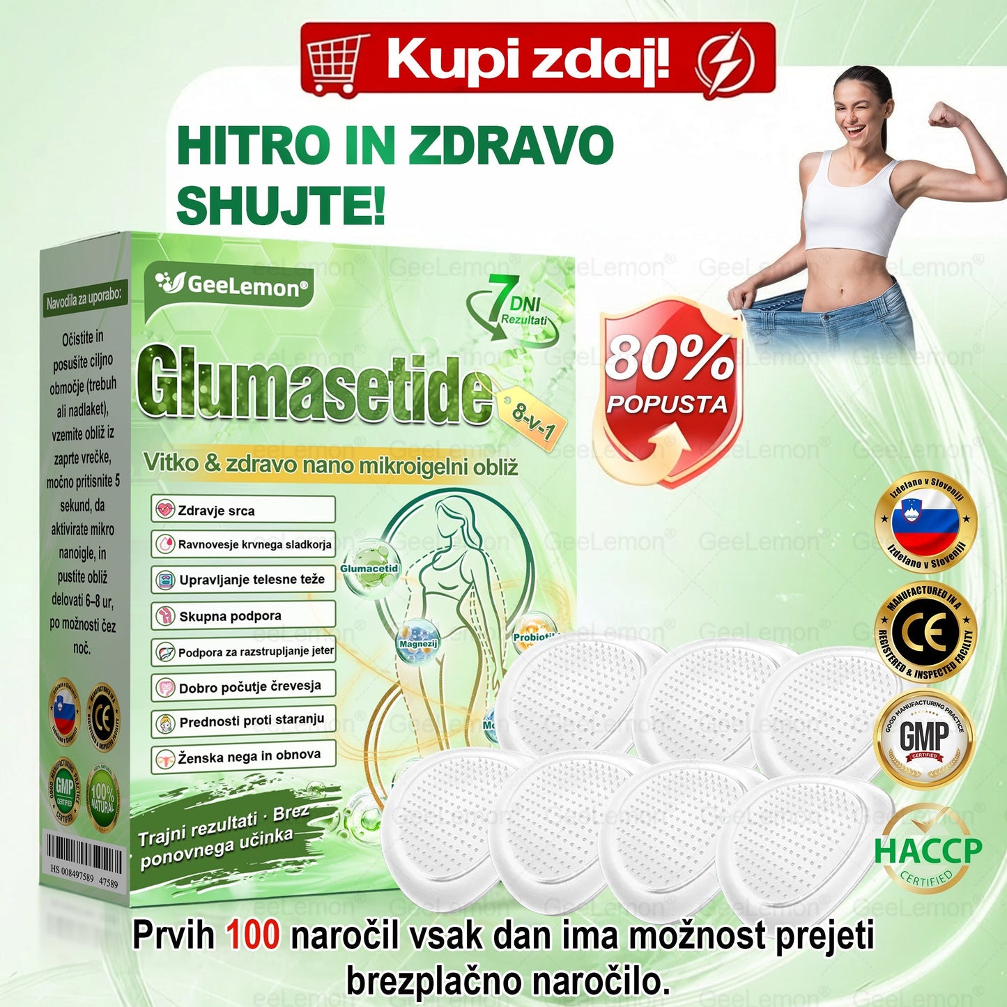 💥Registrirano pri JAZMP in GMP certificirano👩‍⚕️🎁 𝐆𝐞𝑒𝐿𝑒𝐦𝐨𝐧® 𝐆𝐥𝐮𝐦𝐚𝐬𝐞𝐭𝐢𝐝𝐞 8 v 1 Hujševalni in zdravju namenjen nano obliž z mikroiglicami 🇸🇮 (Samo enkrat na dan, vidne spremembe že v 7 dneh) ✅